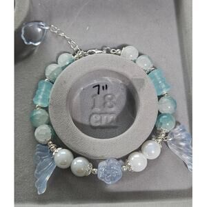 Green White Wire Bracelet w Pawprint Charm w wing beaded Dangle Charm #235